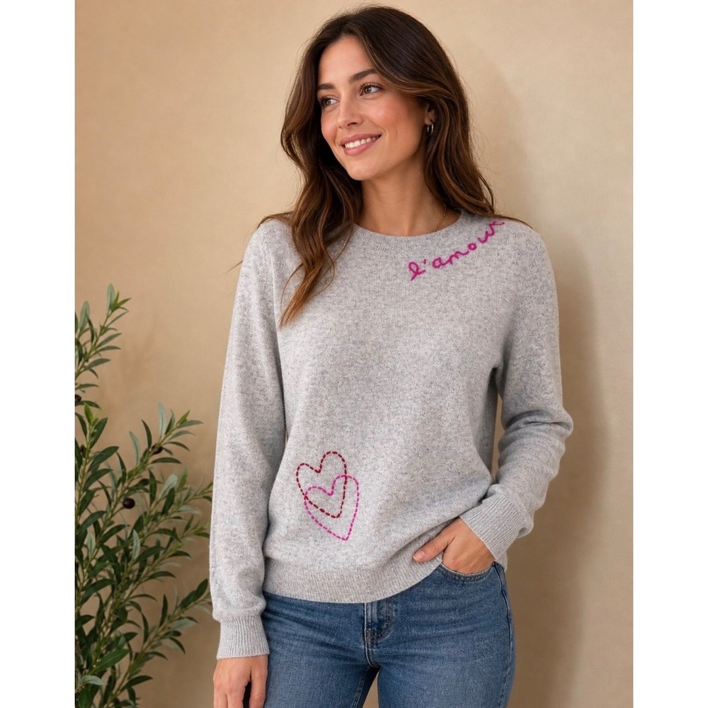 Charter Club Luxury Cashmere L'Amour Heart Gray Pullover Sweater